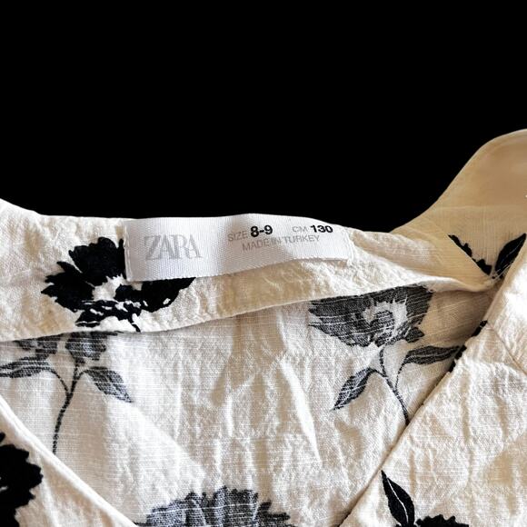 Zara Girls Ecru Black Flowers Short Sleeve Tiered Dress Size 8-9 - Picture 3 of 5